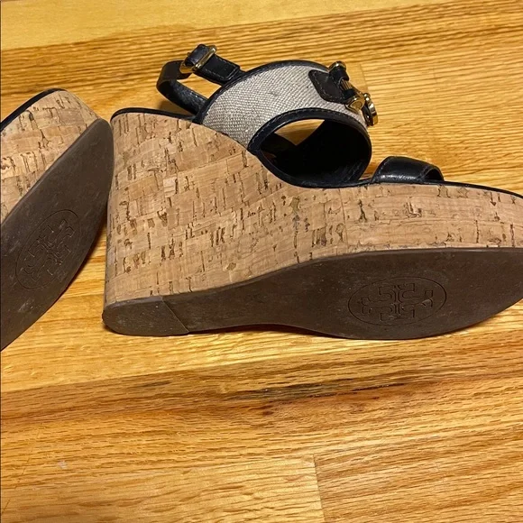Tory Burch Black and Tan Wedge Sandals - Picture 4 of 6